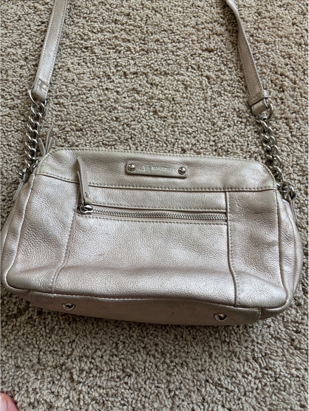 B. Makowsky metallic rose gold leather crossbody bag purse chain strap